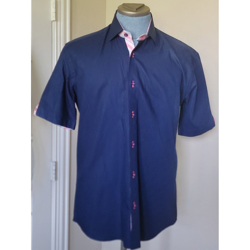 Maceoo Men's Navy Blue Italian Jacquard Fabric Short Sleeve Shirt Sz 3/Med